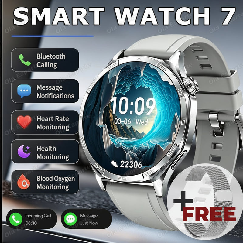 A silver smart watch with a light gray strap, shown prominently on a dark promotional background. Large text reads 'SMART WATCH 7' and feature callouts on the left mention Bluetooth calling, message notifications, heart rate monitoring, health monitoring, and blood oxygen monitoring.