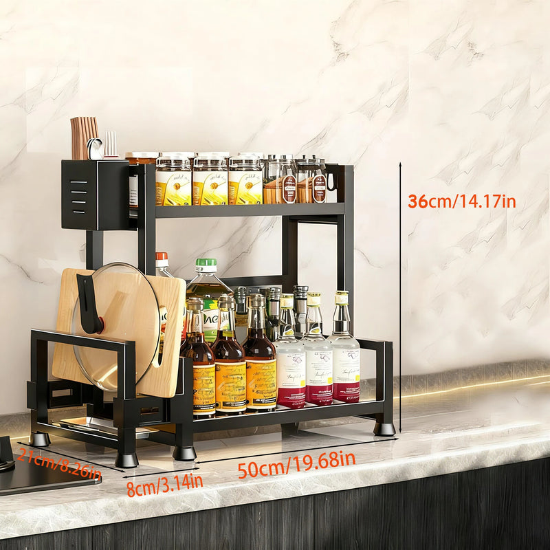 Danoz StoreSmart - 2-3 Tier Adjustable Metal Spice Rack Storage Box, Freestanding Multifunctional Kitchen Storage Rack, with Spice Protection and Fixing Device, Kitchen Organizer and Storage, Sturdy Rack/Hook Structure, Knife