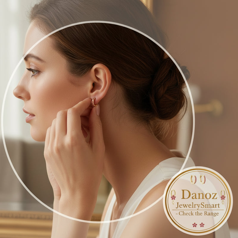 Danoz JewelrySmart - 6pcs Luxury Rose Red Zircon Stainless Steel Water Drop Hoop Earring For Women 14K Gold Plated Huggie Women's Piercing Jewelry