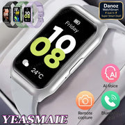 A smartwatch with a silver metallic case and a light gray band, shown close-up on a pale gray background. The screen displays a digital watch face with the time 10:08 and weather information.