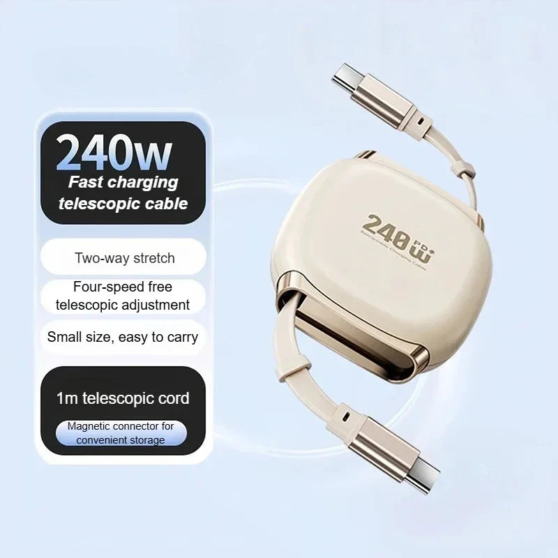 ⚡ Danoz USBSmart | 240W Retractable Fast Charging Cable | USB-C to C | 5A | Auto-Coiling | Travel Ready | Phone, Tablet & Laptop | White, Black & Blue