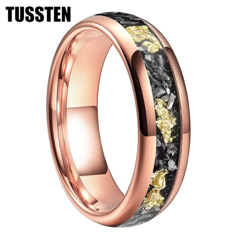 Danoz SmartRings - TUSSTEN 4/6/8MM Dome Edges Men and Women Fashion Engagement Wedding Band Meteorite Gold Foil Inlay Tungsten Carbide Rings