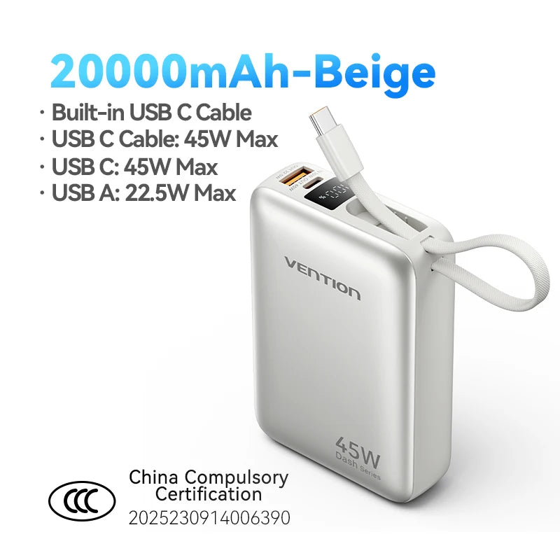 ⚡ Danoz PowerSmart | Vention 45W Power Bank | 20000mAh | Built-in USB-C Cable & Lanyard | 3-Port | 3C/CE/FCC/RoHS | iPhone & Samsung | Gray & Beige