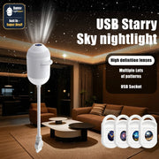 A white USB starry sky nightlight shown in a modern living room setting, with text overlays highlighting its features and four small galaxy-patterned nightlights at the bottom right.