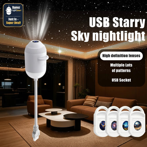 A white USB starry sky nightlight shown in a modern living room setting, with text overlays highlighting its features and four small galaxy-patterned nightlights at the bottom right.