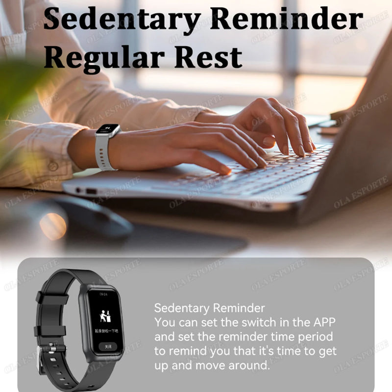Person using a laptop with a fitness tracker on wrist, promoting sedentary reminder feature.