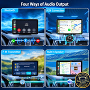 Four ways of audio output on a car dashboard display with Bluetooth, AUX connection, FM transmitter, and built-in speaker.