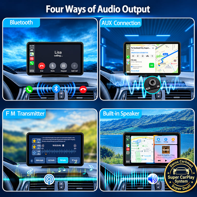 Four ways of audio output on a car dashboard display with Bluetooth, AUX connection, FM transmitter, and built-in speaker.