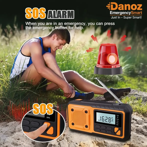 Person using a portable radio with SOS alarm feature outdoors
