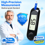 Medical device with a doctor and accuracy badge on a blue background