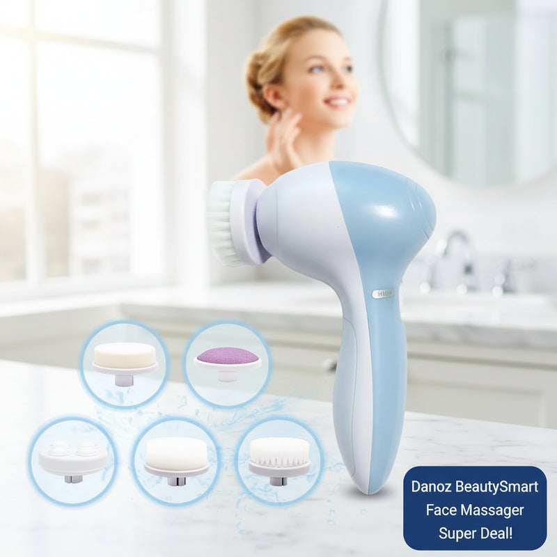 Blue and white facial cleansing brush with close-up insets on a white background