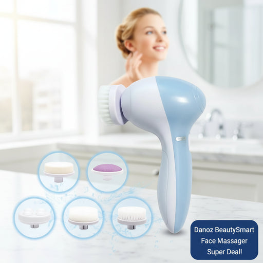 Blue and white facial cleansing brush with close-up insets on a white background