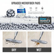 Microfiber pad cleaning demonstration with text on upgraded microfiber pads.