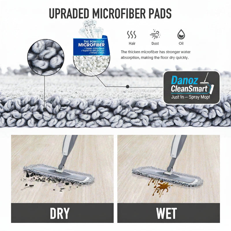 Microfiber pad cleaning demonstration with text on upgraded microfiber pads.