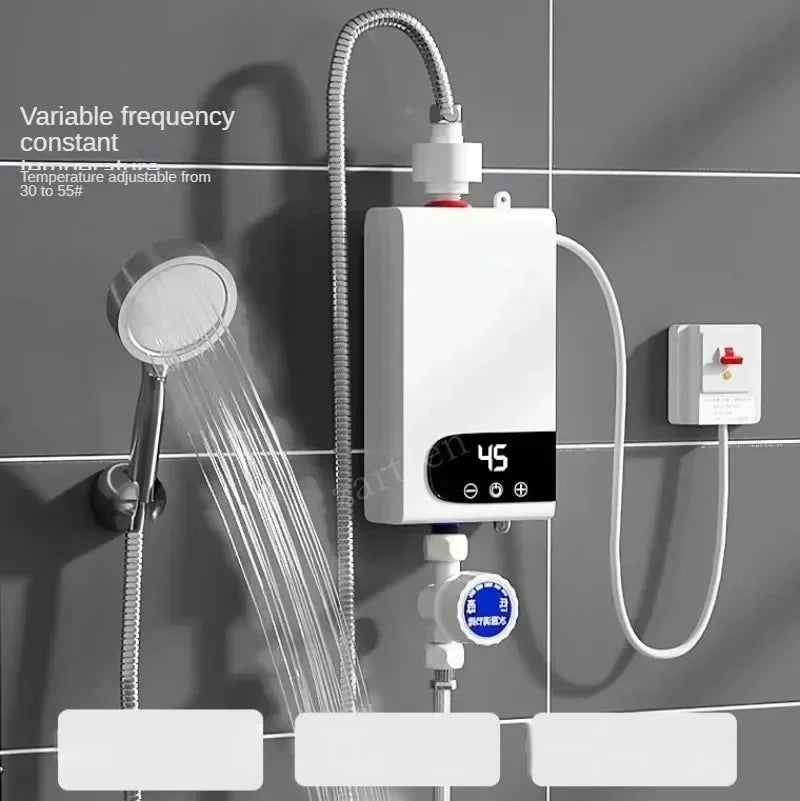 Wall-mounted electric shower with digital display and adjustable temperature on a tiled wall.