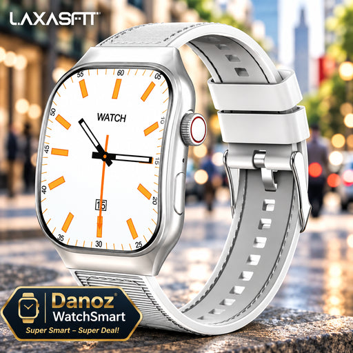 White smartwatch with orange accents on a white background, featuring the brand 'LAXASFTI'.
