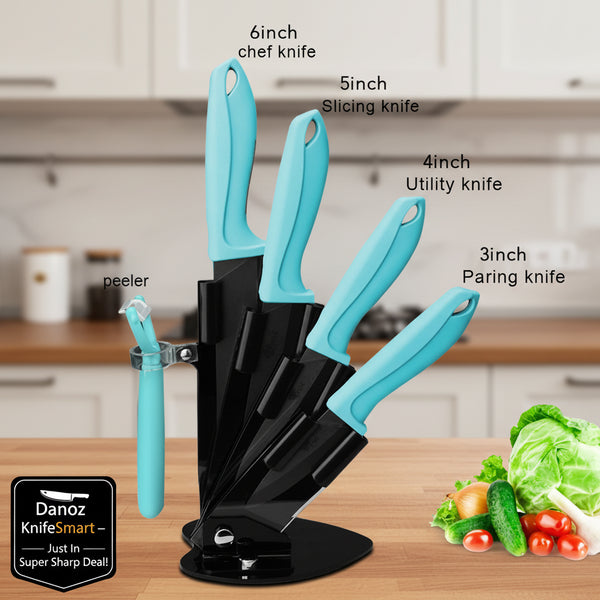 A 6-piece kitchen knife set with turquoise handles and a black magnetic stand, shown on a white background with text labels identifying each knife size and a vegetable garnish in the corner.