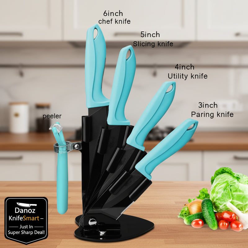 A 6-piece kitchen knife set with turquoise handles and a black magnetic stand, shown on a white background with text labels identifying each knife size and a vegetable garnish in the corner.