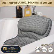 Gray bath pillow on a bathtub with text 'Soft and Relaxing, Soaking in Luxury' and icons indicating it fits various tubs.