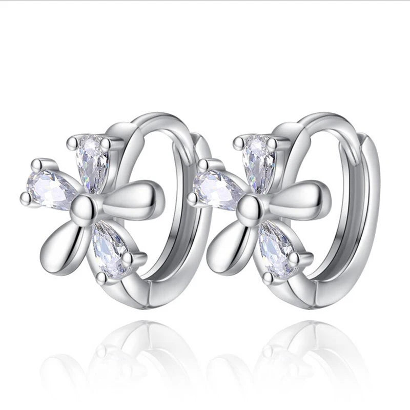 Danoz JewelrySmart - Clear Zirconia Flower 925 Sterling Silver Small Round Loop Huggies Hoop Earrings For Kids Baby Girls Children.