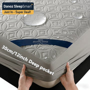 Gray mattress with 'Healthy Sleep' branding and text indicating 30cm/12inch deep pocket.