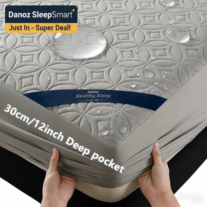 Gray mattress with 'Healthy Sleep' branding and text indicating 30cm/12inch deep pocket.