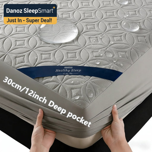 Gray mattress with 'Healthy Sleep' branding and text indicating 30cm/12inch deep pocket.