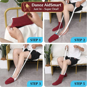 Step-by-step guide on how to put on red socks using a white strap.