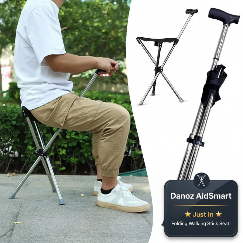 Collage of a person using a folding stool and two walking sticks with attached seats.