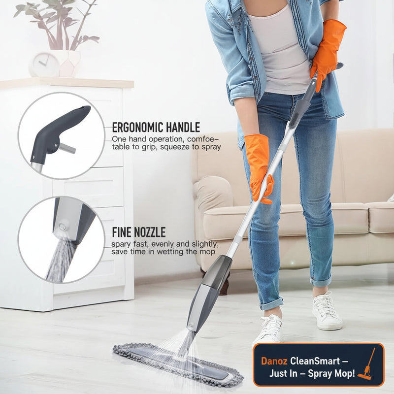 Person using a mop with an ergonomic handle and fine nozzle in a living room.