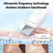 Ultrasonic device for blackhead removal with before and after effects on skin.