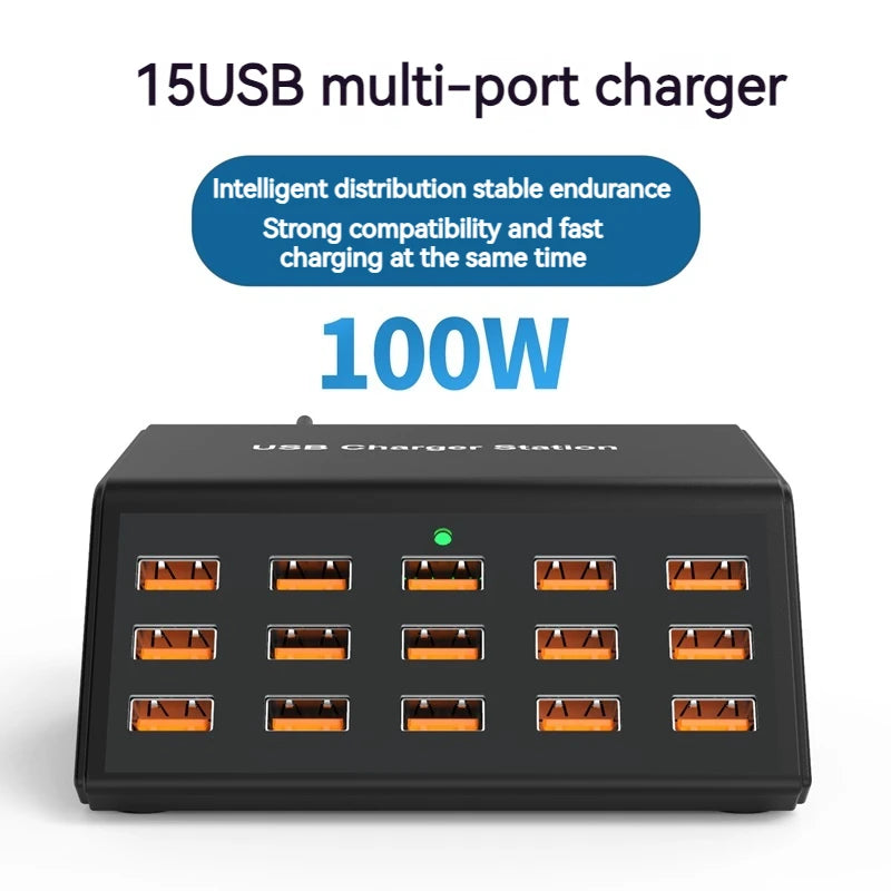 Danoz PowerSmart - 100W Desktop Universal USB Charger 15 Ports USB Fast Charging Station For Ipad Iphone 15 14 13 12 Pro Max Samsung S24 Tablet