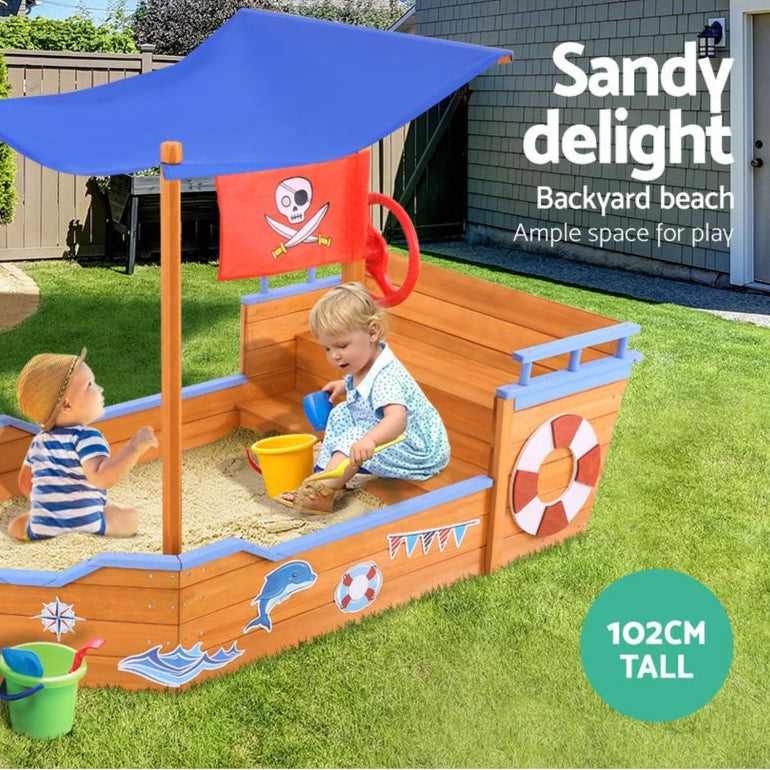 Danoz Kids - Keezi Kids Sandpit Wooden Boat Sand Pit with Canopy Bench Seat Beach Toys 165cm