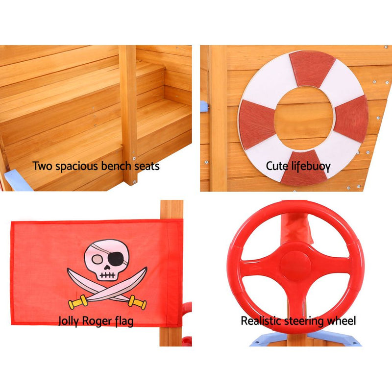 Danoz Kids - Keezi Kids Sandpit Wooden Boat Sand Pit with Canopy Bench Seat Beach Toys 165cm
