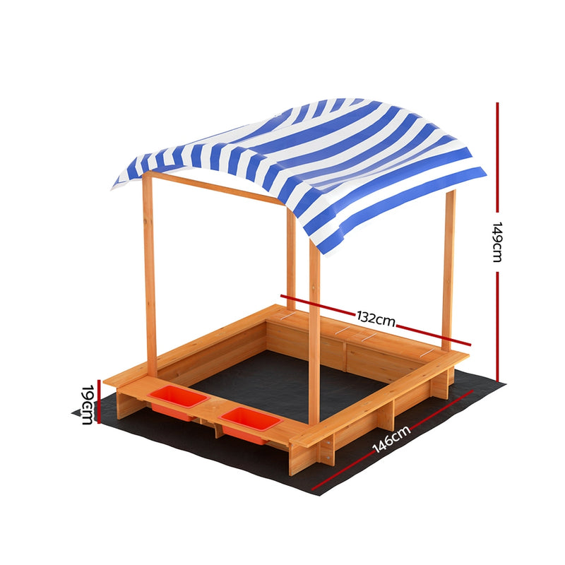 Danoz Kids - Keezi Kids Sandpit Wooden Sandbox Sand Pit with Canopy Water Basin Toys 146cm
