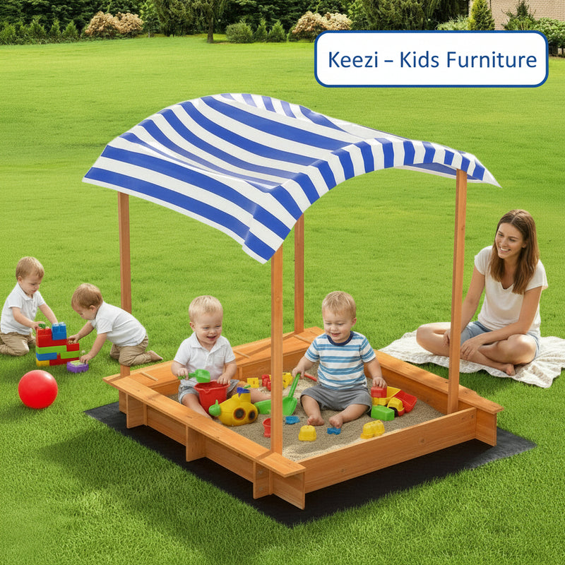 Danoz Kids - Keezi Kids Sandpit Wooden Sandbox Sand Pit with Canopy Water Basin Toys 146cm