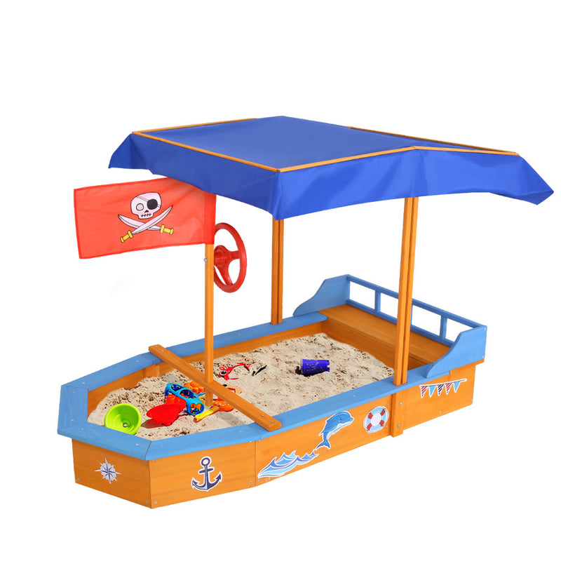 Danoz Kids - Keezi Kids Sandpit Wooden Boat Sand Pit with Canopy Bench Seat Beach Toys 150cm