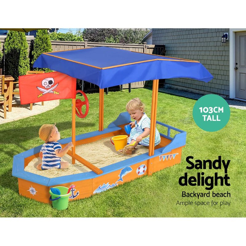 Danoz Kids - Keezi Kids Sandpit Wooden Boat Sand Pit with Canopy Bench Seat Beach Toys 150cm