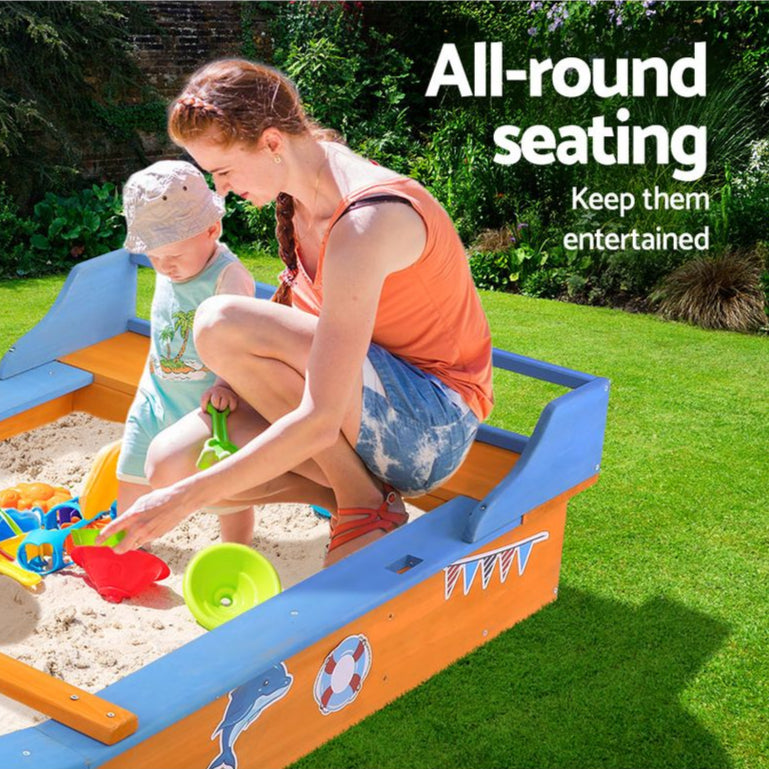 Danoz Kids - Keezi Kids Sandpit Wooden Boat Sand Pit with Canopy Bench Seat Beach Toys 150cm