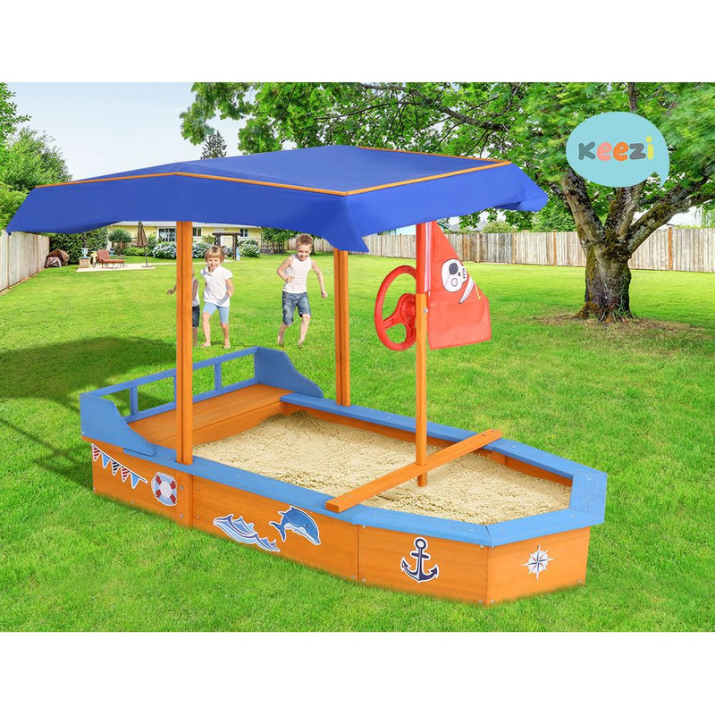 Danoz Kids - Keezi Kids Sandpit Wooden Boat Sand Pit with Canopy Bench Seat Beach Toys 150cm