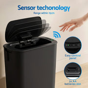 Black sensor trash can with hand reaching in, labeled 'Sensor technology' and 'Easy-control panel'.