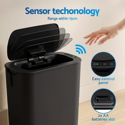 Black sensor trash can with hand reaching in, labeled 'Sensor technology' and 'Easy-control panel'.
