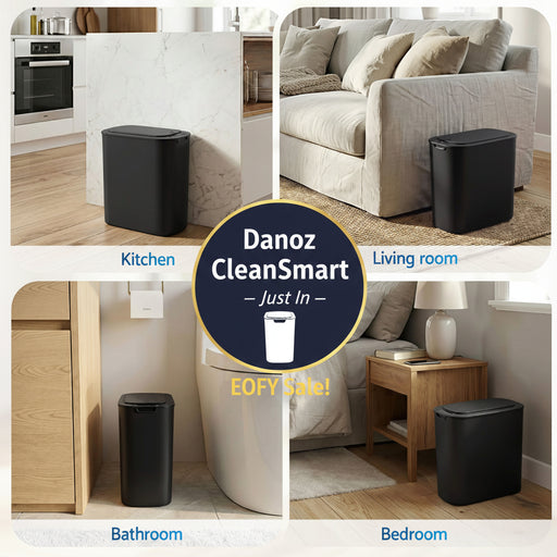 Black trash bin shown in different rooms: kitchen, living room, bathroom, and bedroom.