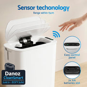 White sensor trash bin with hand reaching in, labeled 'Sensor technology' and features.