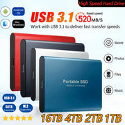 Blue portable SSD with red, black, and gray options on a white background