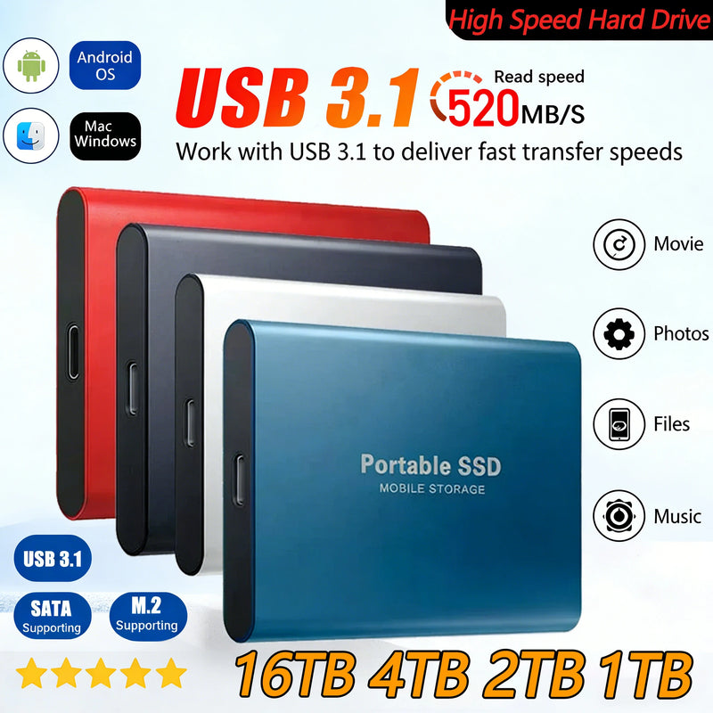 Blue portable SSD with red, black, and gray options on a white background