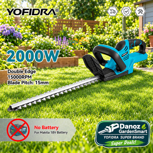 YOFIDRA hedge trimmer with specifications on a white background