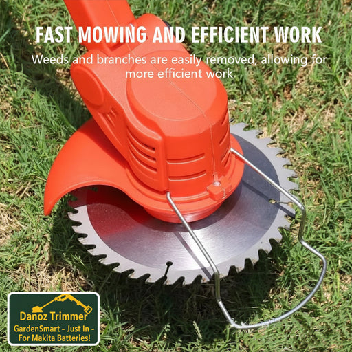 Red grass trimmer on grass with text about fast mowing and efficient work.