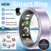 Smart ring with various features on a blue gradient background