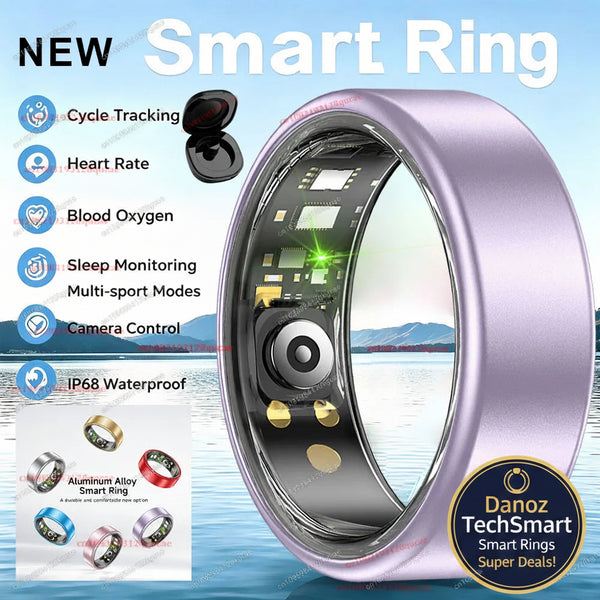 Smart ring with various features on a blue gradient background